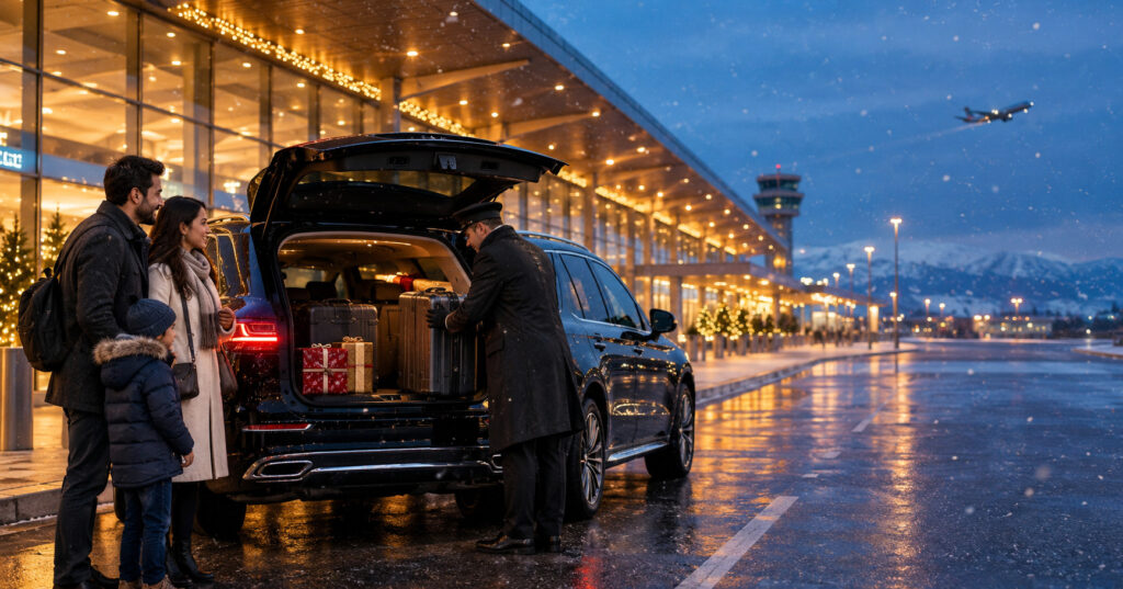 Chauffeur loading holiday luggage into a private airport transfer Ottawa vehicle at the airport curb in winter